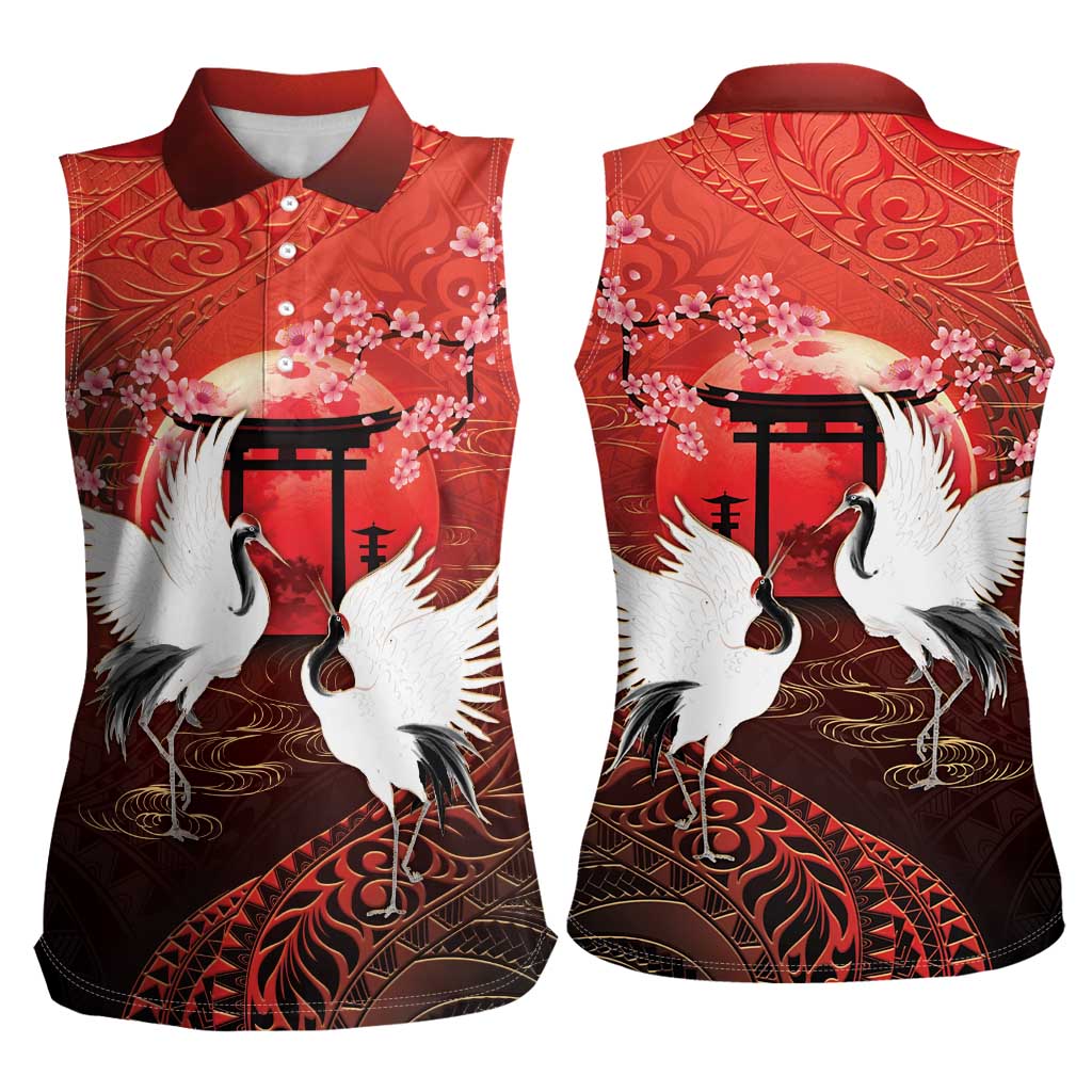 Hawaii and Japan Together Women Sleeveless Polo Shirt Polynesian Art Tattoo With Cranes And Sakura LT05 - Polynesian Pride