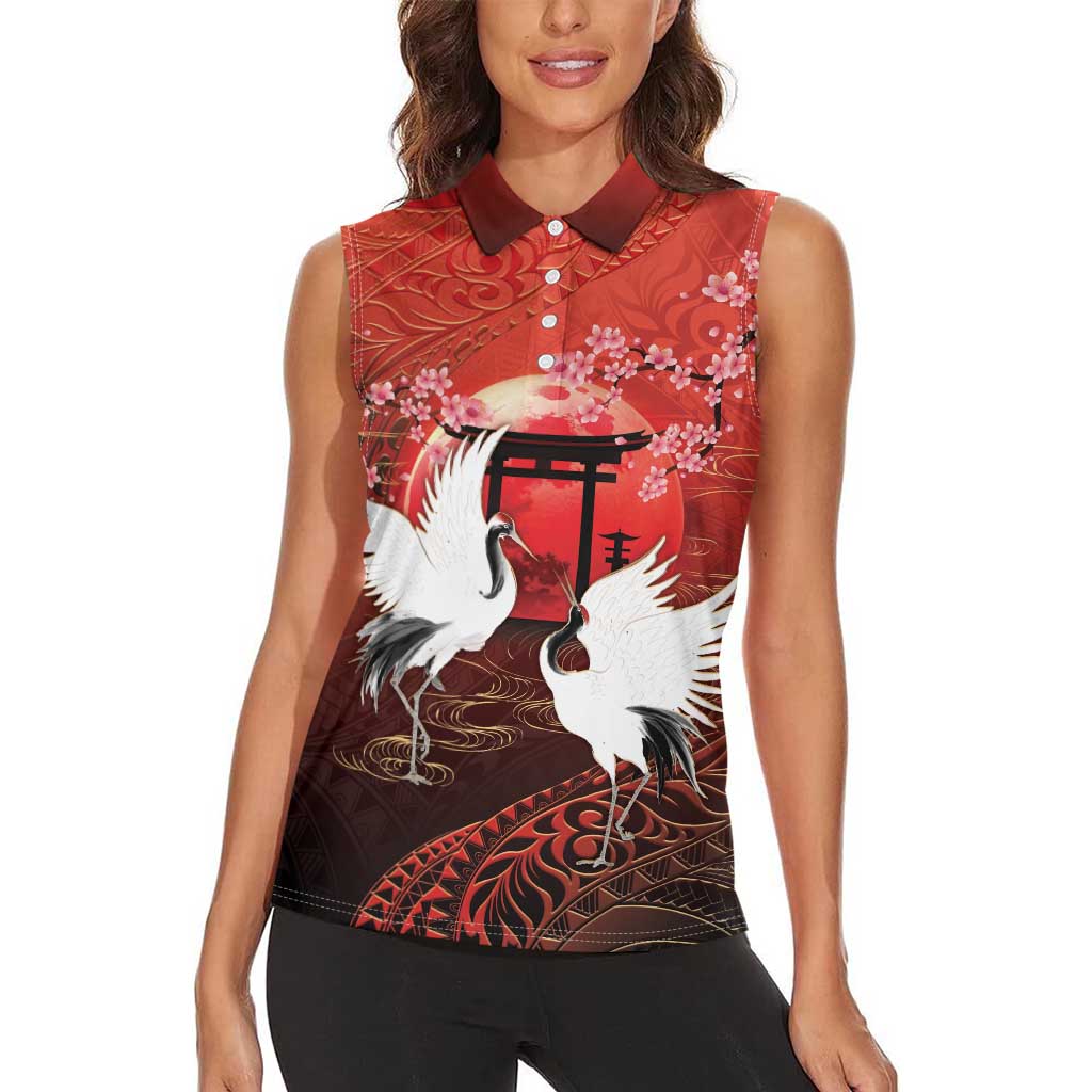 Hawaii and Japan Together Women Sleeveless Polo Shirt Polynesian Art Tattoo With Cranes And Sakura LT05 - Polynesian Pride
