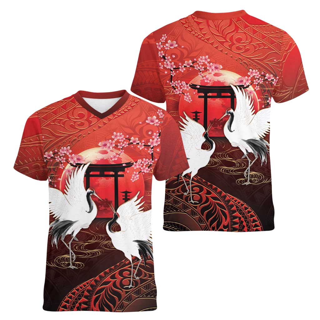 Hawaii and Japan Together Women V-Neck T-Shirt Polynesian Art Tattoo With Cranes And Sakura LT05 - Polynesian Pride