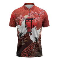 Hawaii and Japan Together Zipper Polo Shirt Polynesian Art Tattoo With Cranes And Sakura LT05 Red - Polynesian Pride