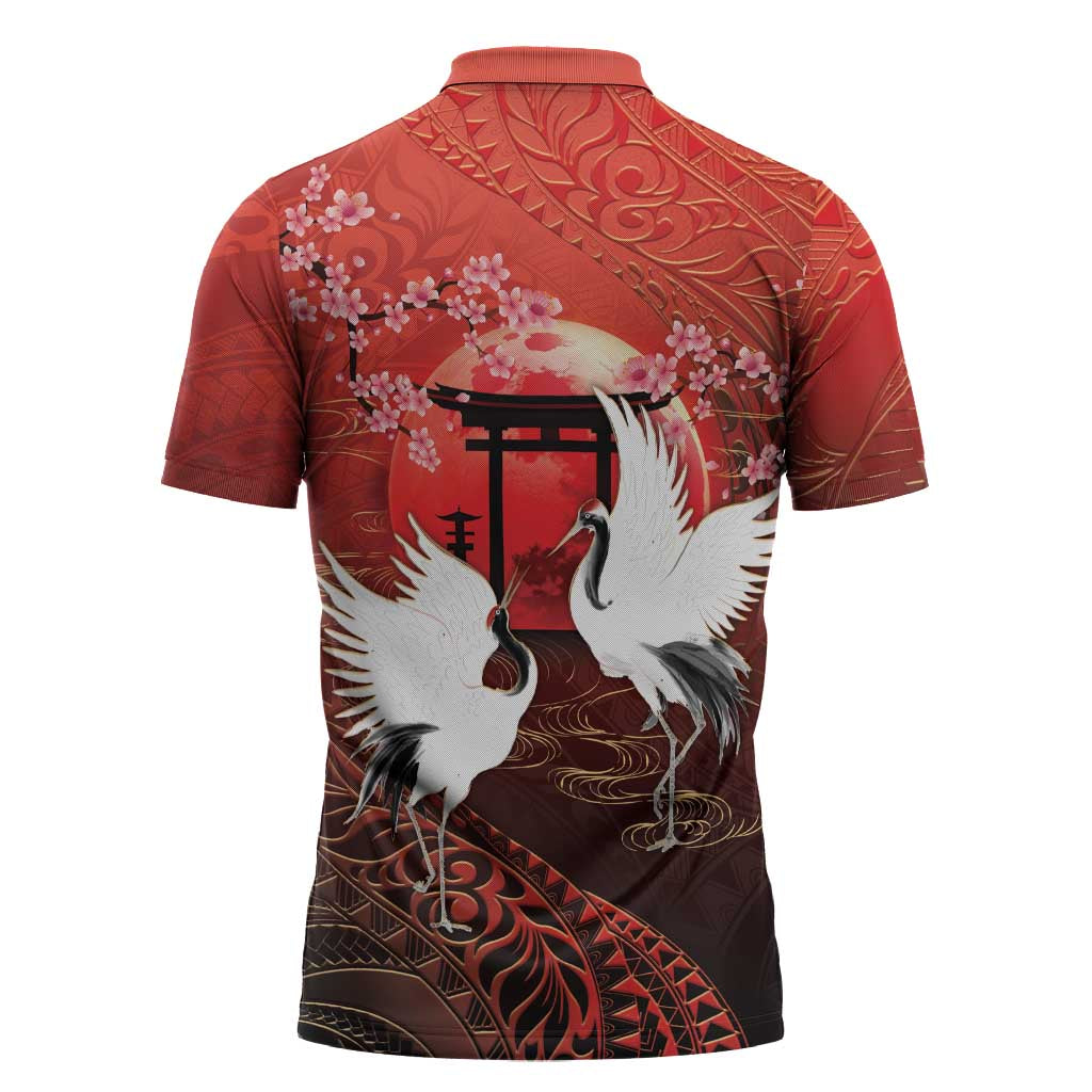 Hawaii and Japan Together Zipper Polo Shirt Polynesian Art Tattoo With Cranes And Sakura LT05 - Polynesian Pride