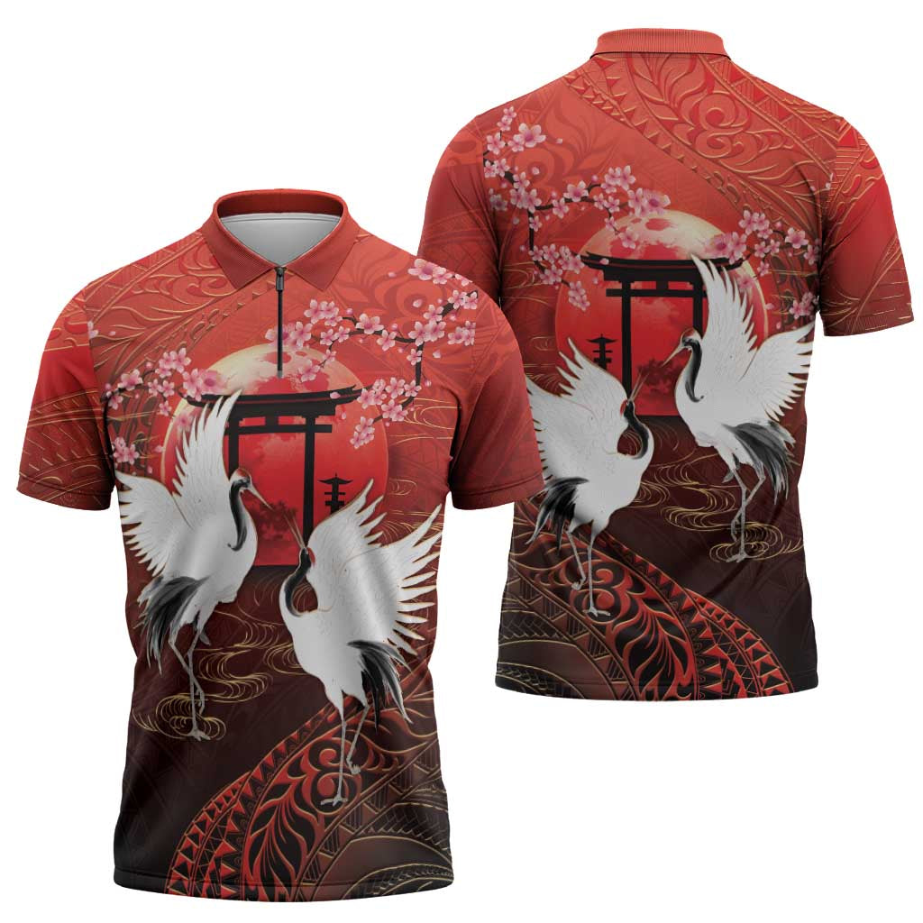 Hawaii and Japan Together Zipper Polo Shirt Polynesian Art Tattoo With Cranes And Sakura LT05 - Polynesian Pride