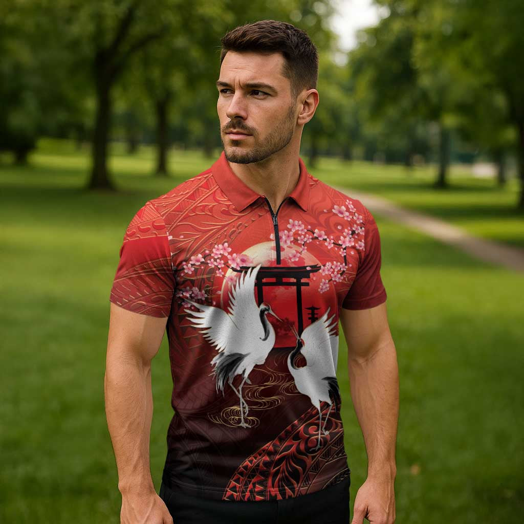 Hawaii and Japan Together Zipper Polo Shirt Polynesian Art Tattoo With Cranes And Sakura LT05 - Polynesian Pride