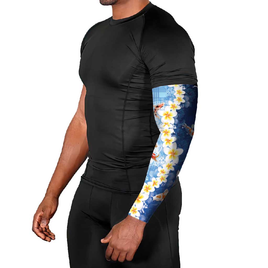 Hawaii And Japan Arm Sleeves Plumeria Lei With Koi Fish Blue - Polynesian Pride