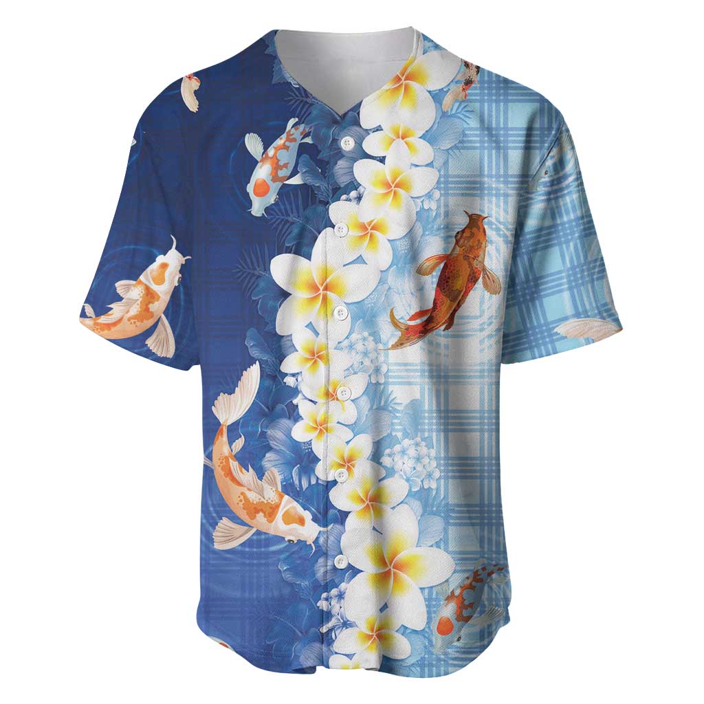 Hawaii And Japan Baseball Jersey Plumeria Lei With Koi Fish Blue - Polynesian Pride