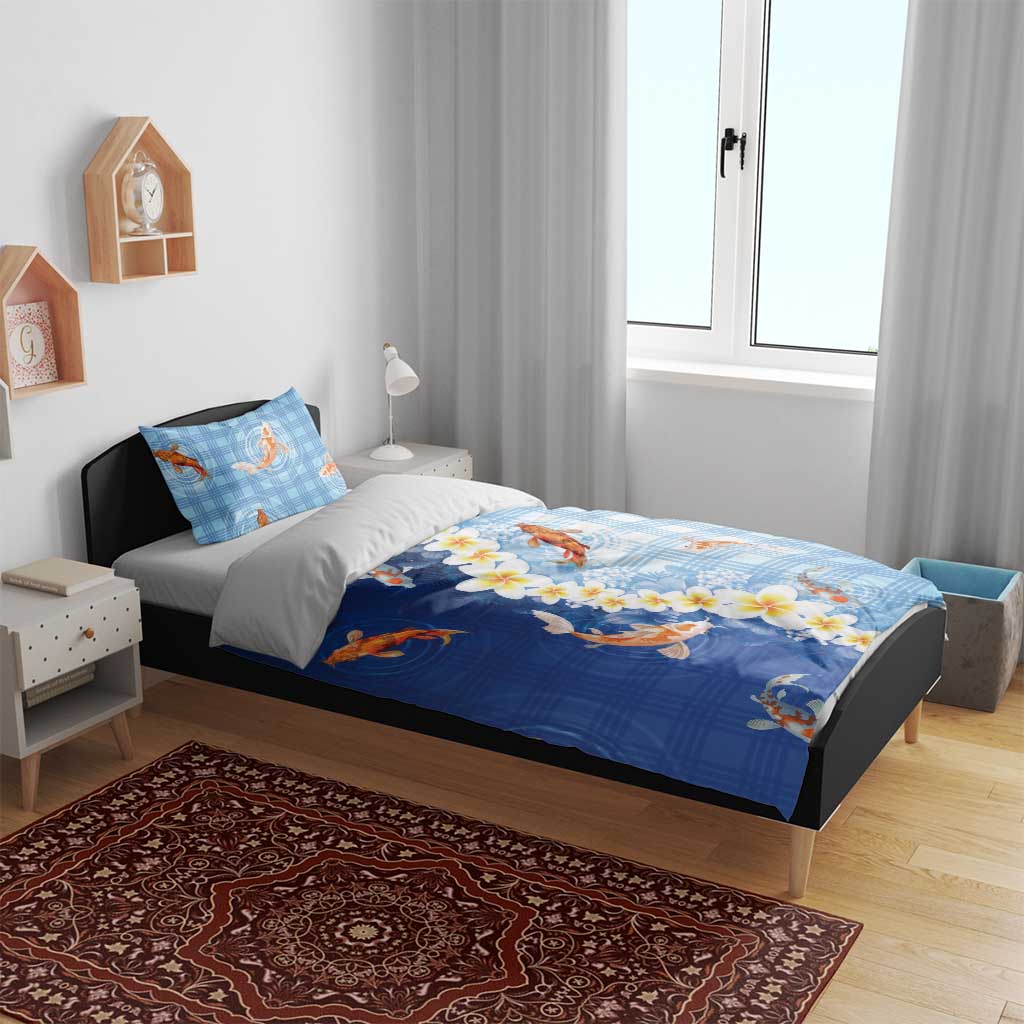 Hawaii And Japan Bedding Set Plumeria Lei With Koi Fish Blue - Polynesian Pride