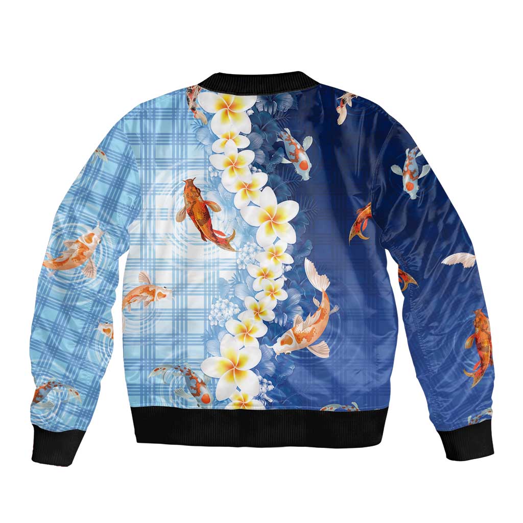 Hawaii And Japan Bomber Jacket Plumeria Lei With Koi Fish Blue - Polynesian Pride