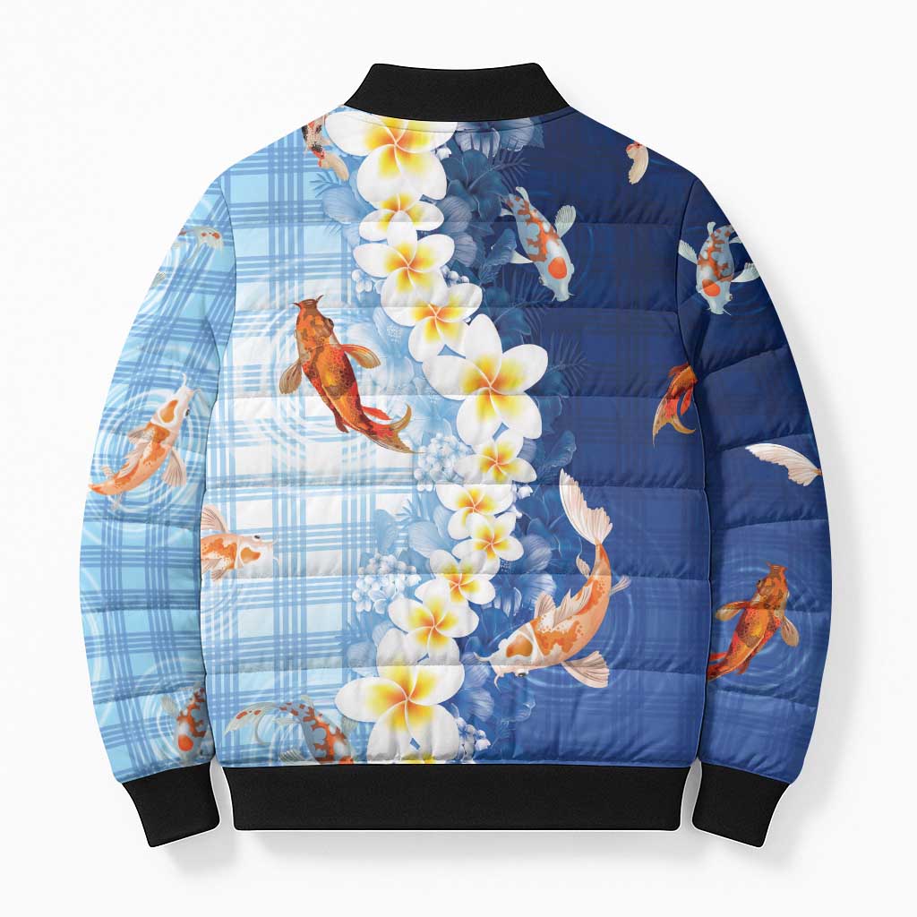 Hawaii And Japan Bomber Puffer Jacket Plumeria Lei With Koi Fish Blue - Polynesian Pride