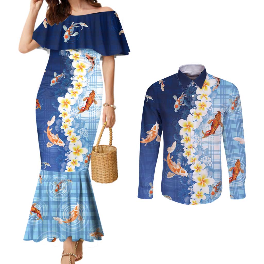 Hawaii And Japan Couples Matching Mermaid Dress and Long Sleeve Button Shirt Plumeria Lei With Koi Fish Blue LT05 Blue - Polynesian Pride