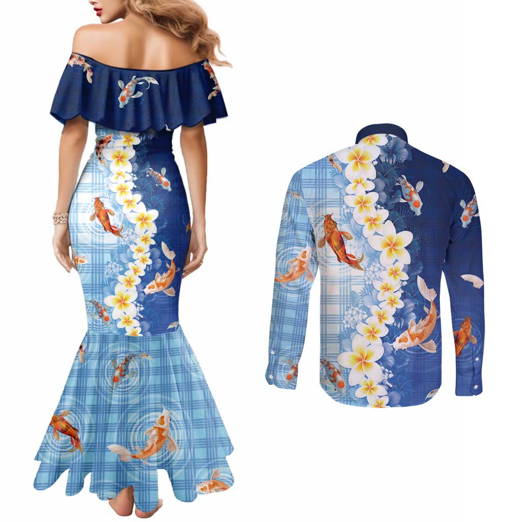 Hawaii And Japan Couples Matching Mermaid Dress and Long Sleeve Button Shirt Plumeria Lei With Koi Fish Blue LT05 - Polynesian Pride