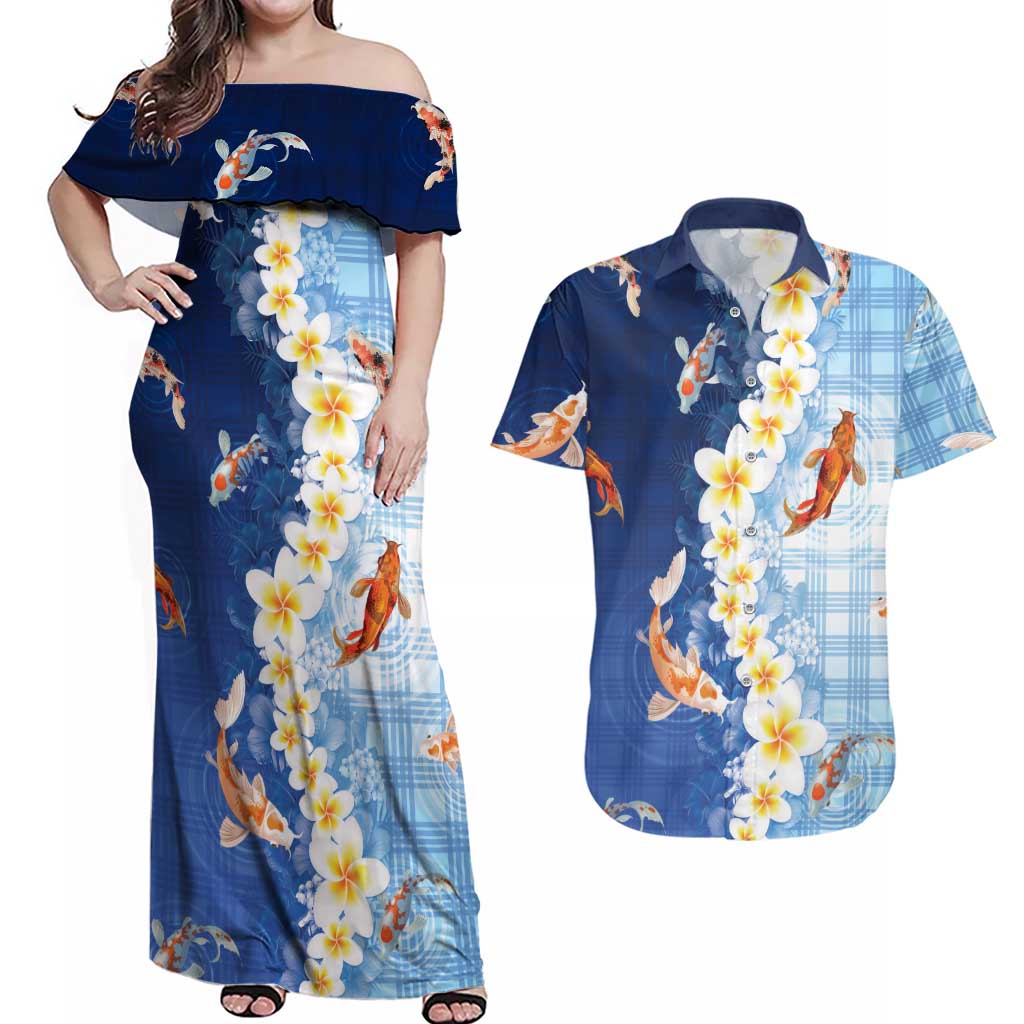 Hawaii And Japan Couples Matching Off Shoulder Maxi Dress and Hawaiian Shirt Plumeria Lei With Koi Fish Blue LT05 Blue - Polynesian Pride