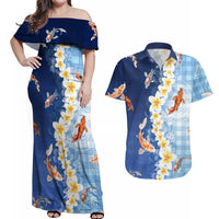 Hawaii And Japan Couples Matching Off Shoulder Maxi Dress and Hawaiian Shirt Plumeria Lei With Koi Fish Blue LT05 Blue - Polynesian Pride