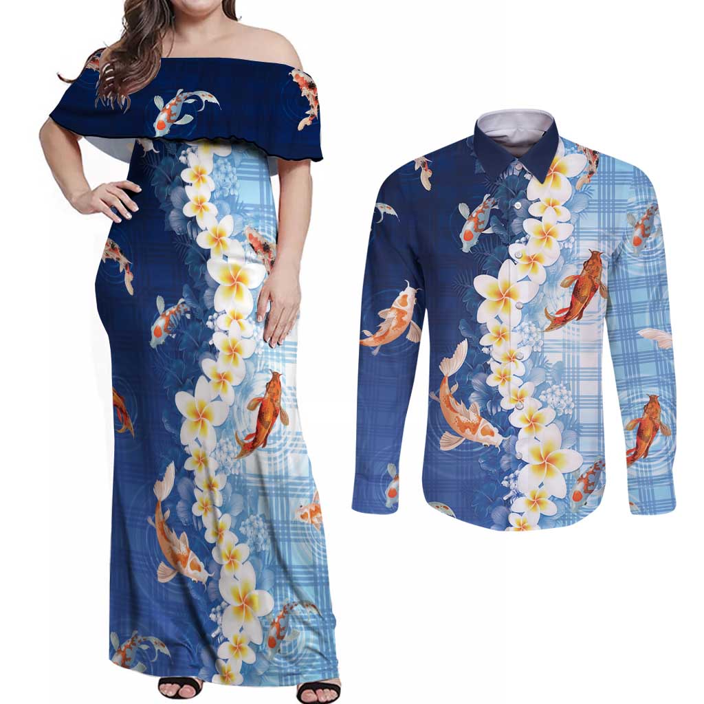Hawaii And Japan Couples Matching Off Shoulder Maxi Dress and Long Sleeve Button Shirt Plumeria Lei With Koi Fish Blue LT05 Blue - Polynesian Pride