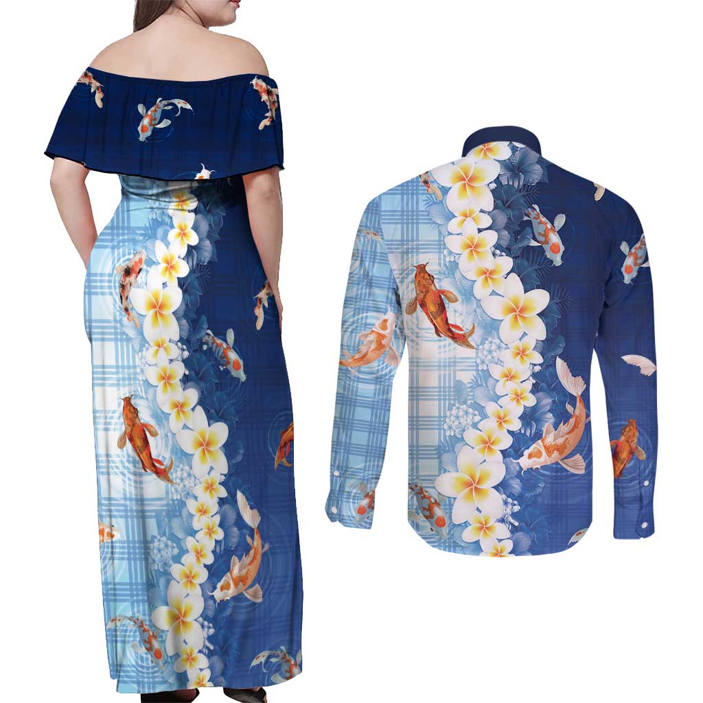 Hawaii And Japan Couples Matching Off Shoulder Maxi Dress and Long Sleeve Button Shirt Plumeria Lei With Koi Fish Blue LT05 - Polynesian Pride