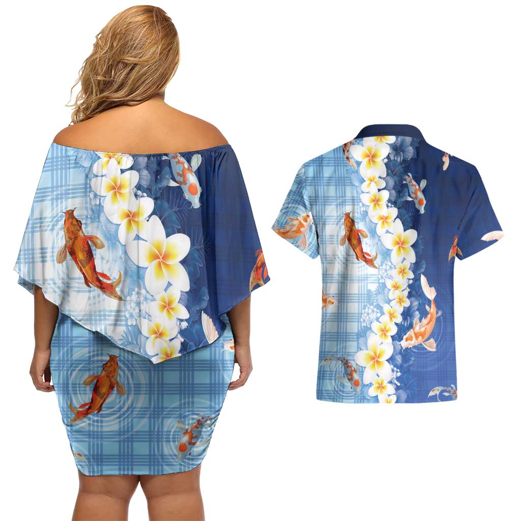 Hawaii And Japan Couples Matching Off Shoulder Short Dress and Hawaiian Shirt Plumeria Lei With Koi Fish Blue LT05 - Polynesian Pride