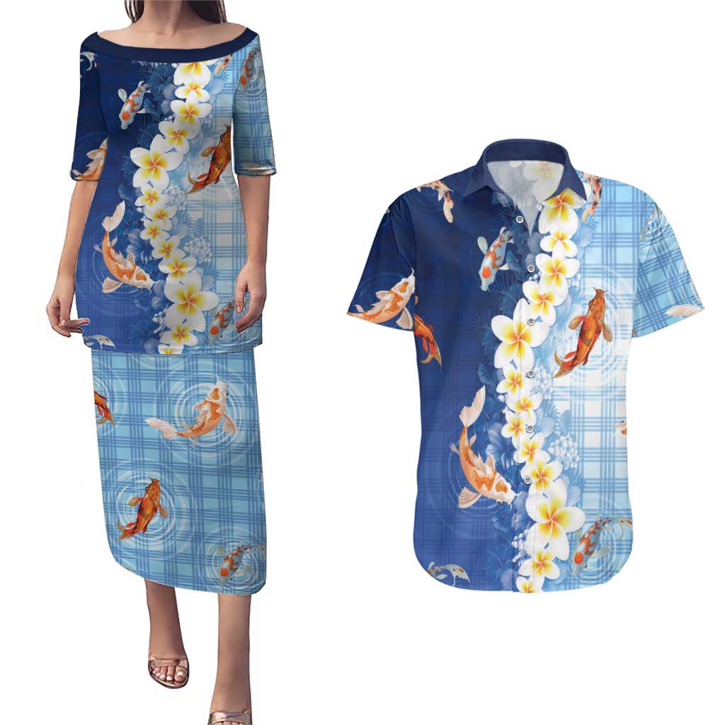 Hawaii And Japan Couples Matching Puletasi and Hawaiian Shirt Plumeria Lei With Koi Fish Blue - Polynesian Pride