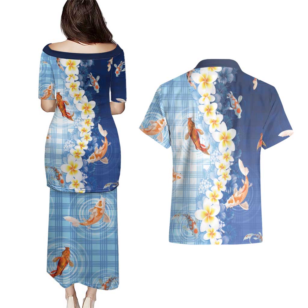 Hawaii And Japan Couples Matching Puletasi and Hawaiian Shirt Plumeria Lei With Koi Fish Blue LT05 - Polynesian Pride