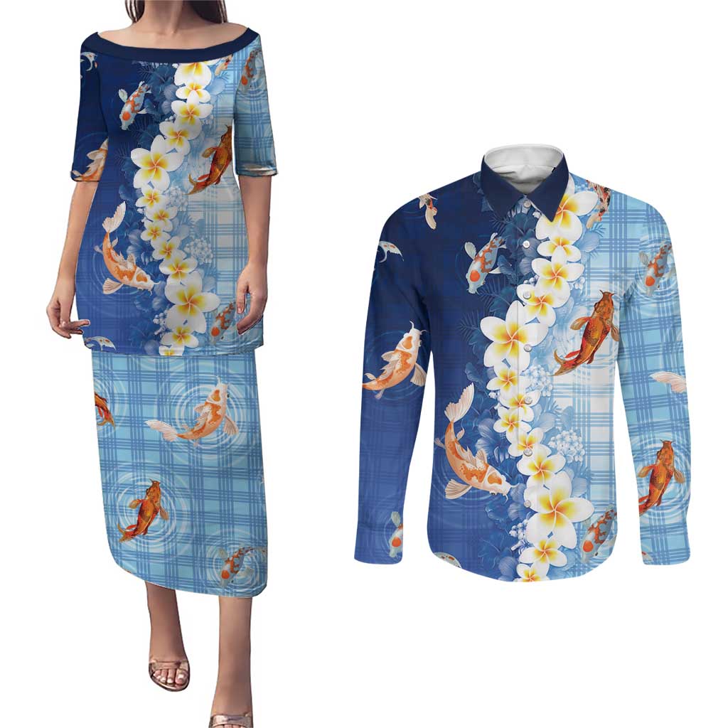 Hawaii And Japan Couples Matching Puletasi and Long Sleeve Button Shirt Plumeria Lei With Koi Fish Blue - Polynesian Pride