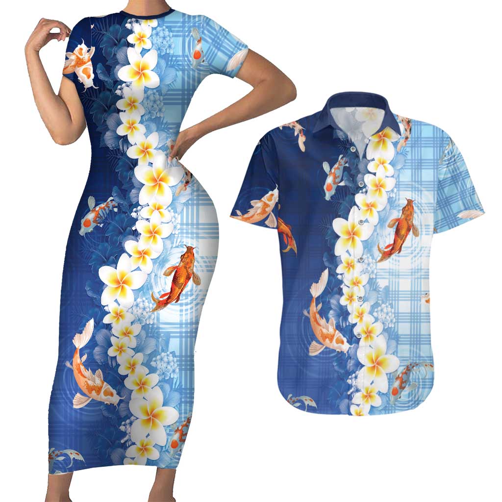 Hawaii And Japan Couples Matching Short Sleeve Bodycon Dress and Hawaiian Shirt Plumeria Lei With Koi Fish Blue - Polynesian Pride
