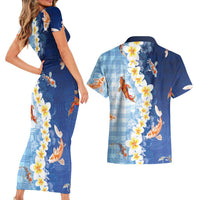 Hawaii And Japan Couples Matching Short Sleeve Bodycon Dress and Hawaiian Shirt Plumeria Lei With Koi Fish Blue LT05 - Polynesian Pride