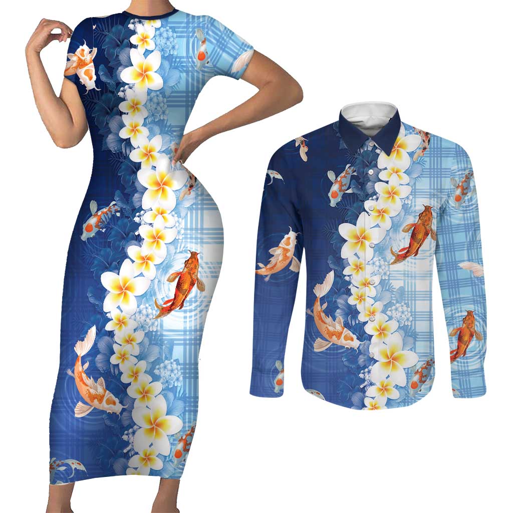 Hawaii And Japan Couples Matching Short Sleeve Bodycon Dress and Long Sleeve Button Shirt Plumeria Lei With Koi Fish Blue - Polynesian Pride