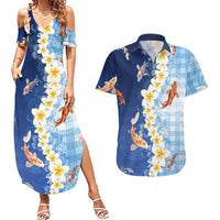 Hawaii And Japan Couples Matching Summer Maxi Dress and Hawaiian Shirt Plumeria Lei With Koi Fish Blue LT05 Blue - Polynesian Pride