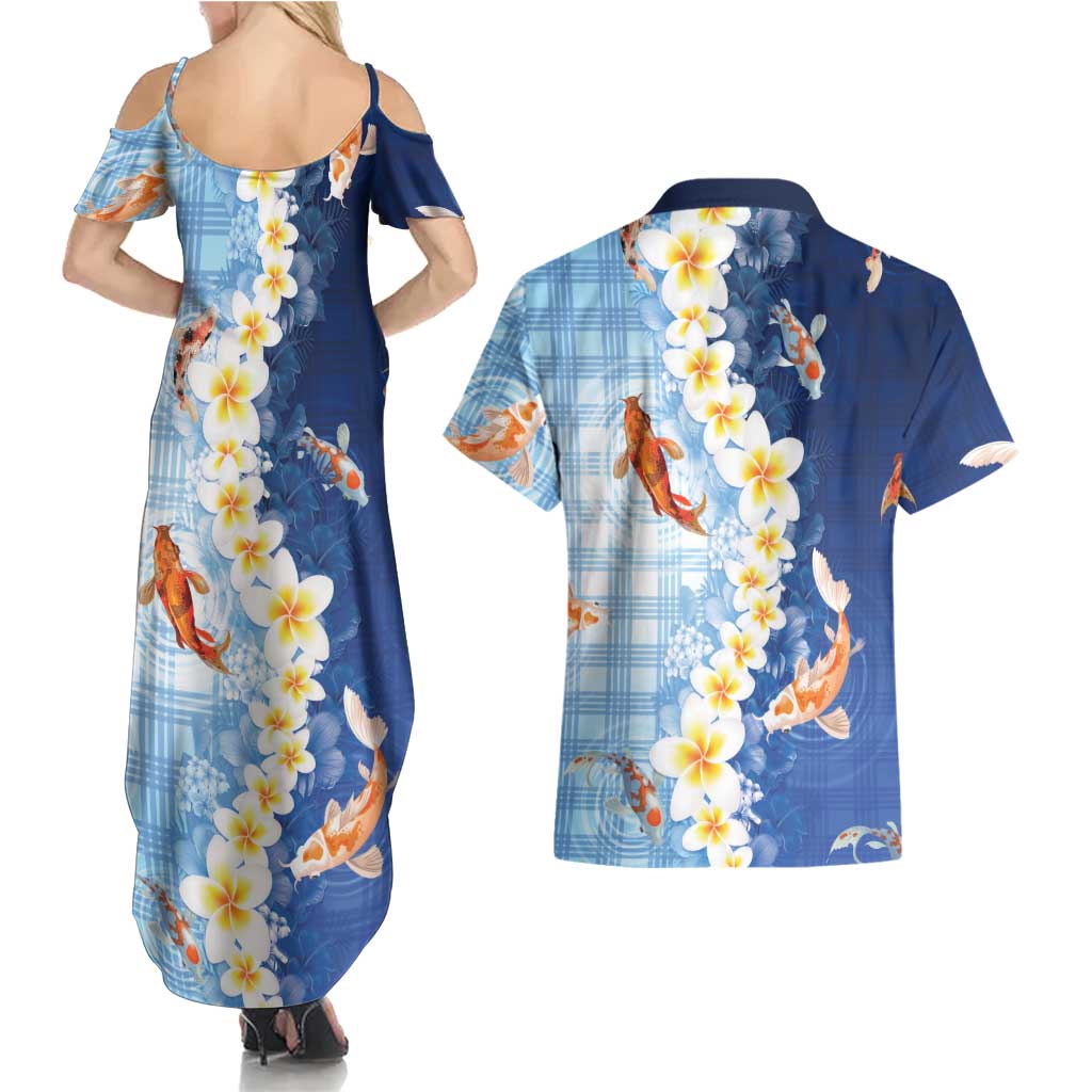 Hawaii And Japan Couples Matching Summer Maxi Dress and Hawaiian Shirt Plumeria Lei With Koi Fish Blue LT05 - Polynesian Pride