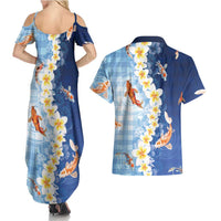 Hawaii And Japan Couples Matching Summer Maxi Dress and Hawaiian Shirt Plumeria Lei With Koi Fish Blue LT05 - Polynesian Pride