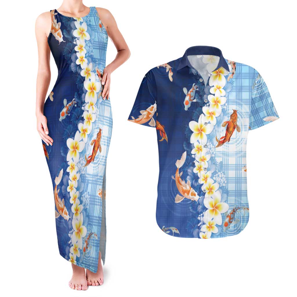 Hawaii And Japan Couples Matching Tank Maxi Dress and Hawaiian Shirt Plumeria Lei With Koi Fish Blue LT05 Blue - Polynesian Pride