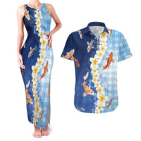 Hawaii And Japan Couples Matching Tank Maxi Dress and Hawaiian Shirt Plumeria Lei With Koi Fish Blue LT05 Blue - Polynesian Pride