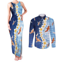 Hawaii And Japan Couples Matching Tank Maxi Dress and Long Sleeve Button Shirt Plumeria Lei With Koi Fish Blue LT05 Blue - Polynesian Pride