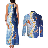 Hawaii And Japan Couples Matching Tank Maxi Dress and Long Sleeve Button Shirt Plumeria Lei With Koi Fish Blue LT05 - Polynesian Pride