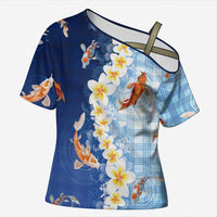 Hawaii And Japan Cross Shoulder Shirt Plumeria Lei With Koi Fish Blue - Polynesian Pride