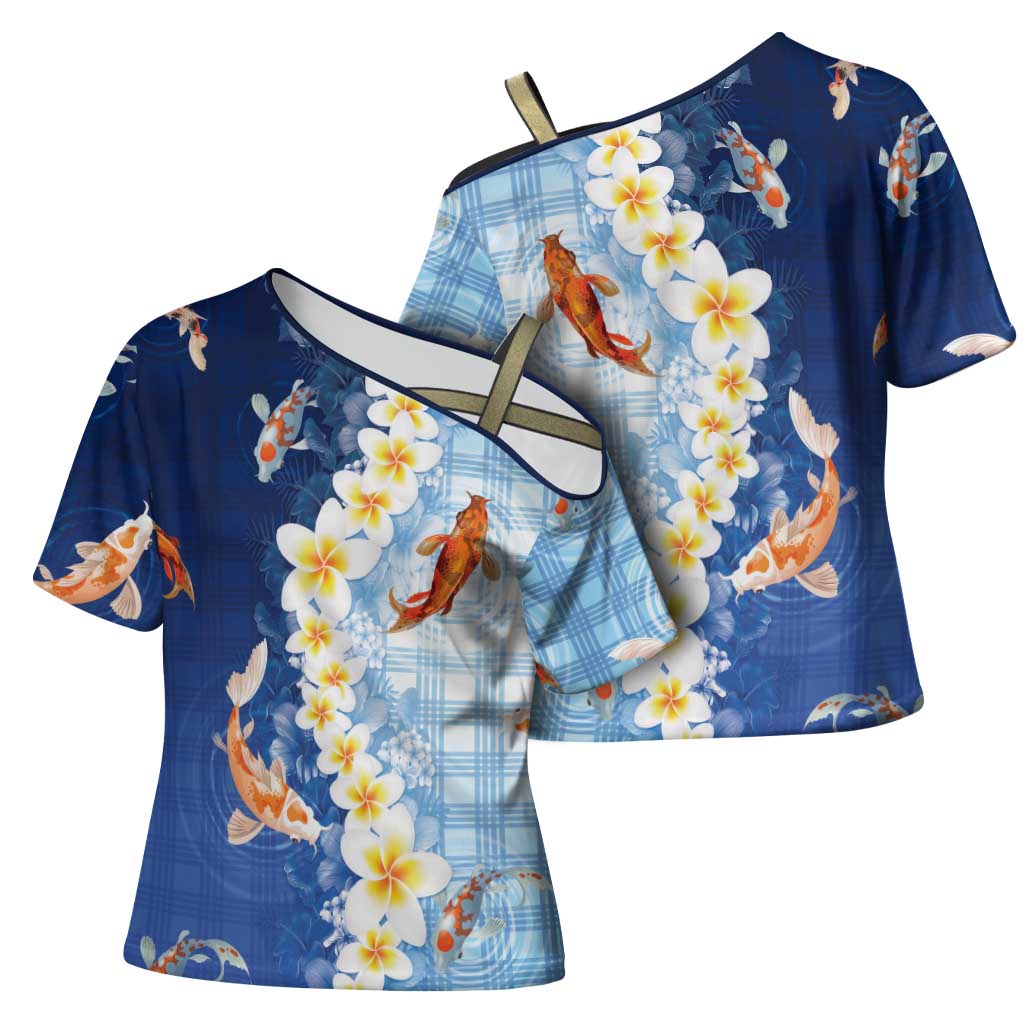 Hawaii And Japan Cross Shoulder Shirt Plumeria Lei With Koi Fish Blue - Polynesian Pride