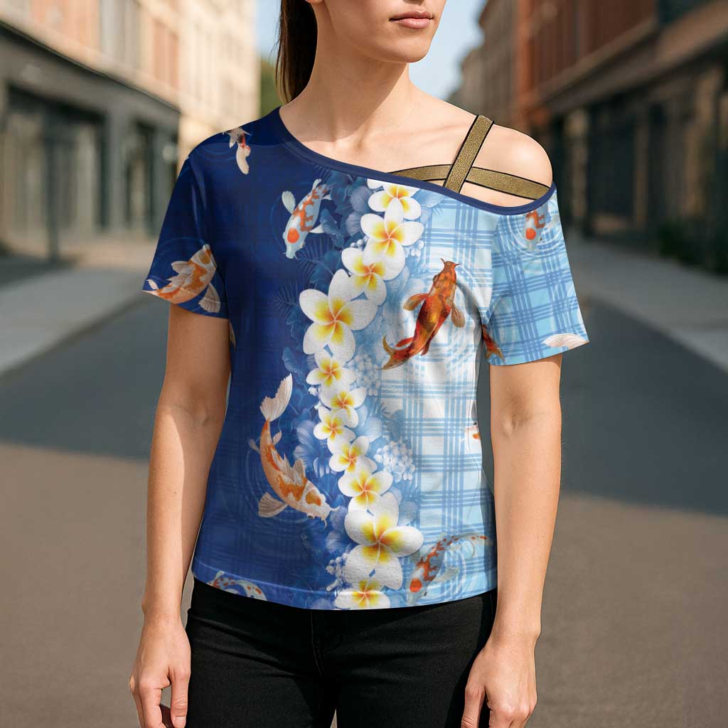 Hawaii And Japan Cross Shoulder Shirt Plumeria Lei With Koi Fish Blue - Polynesian Pride