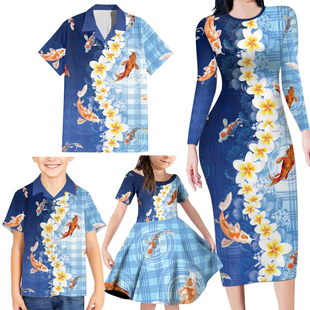 Hawaii And Japan Family Matching Long Sleeve Bodycon Dress and Hawaiian Shirt Plumeria Lei With Koi Fish Blue - Polynesian Pride
