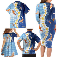 Hawaii And Japan Family Matching Long Sleeve Bodycon Dress and Hawaiian Shirt Plumeria Lei With Koi Fish Blue LT05 - Polynesian Pride
