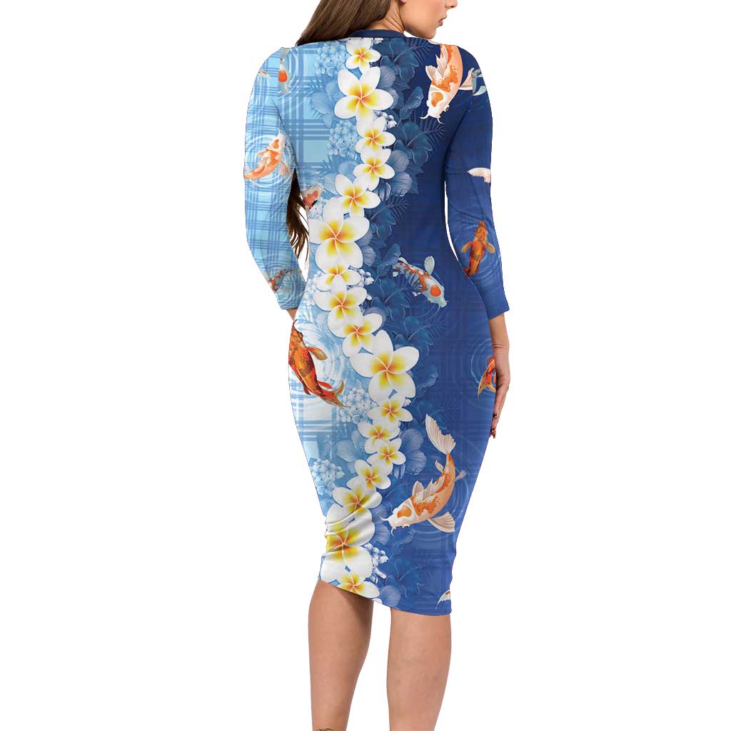 Hawaii And Japan Family Matching Long Sleeve Bodycon Dress and Hawaiian Shirt Plumeria Lei With Koi Fish Blue LT05 - Polynesian Pride