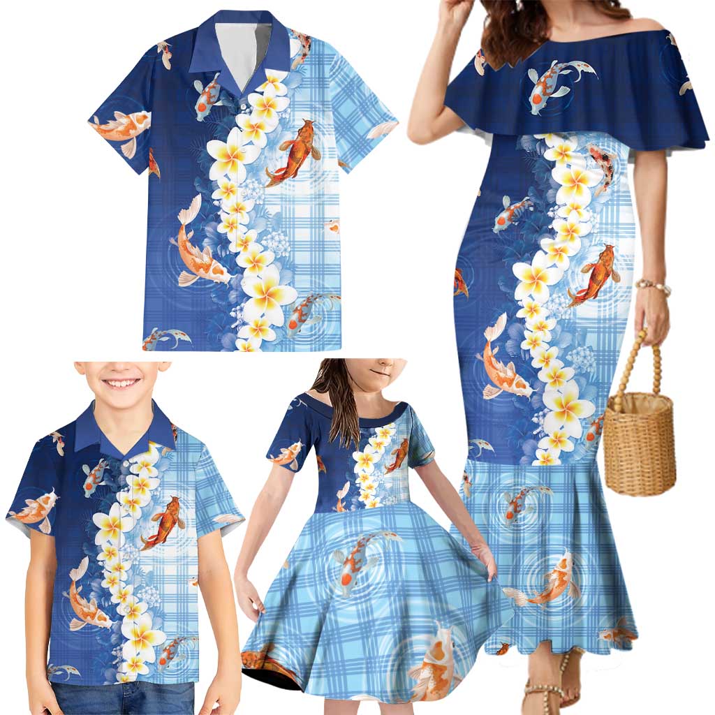 Hawaii And Japan Family Matching Mermaid Dress and Hawaiian Shirt Plumeria Lei With Koi Fish Blue LT05 - Polynesian Pride