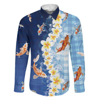 Hawaii And Japan Family Matching Off Shoulder Maxi Dress and Hawaiian Shirt Plumeria Lei With Koi Fish Blue LT05 Dad's Shirt - Long Sleeve Blue - Polynesian Pride