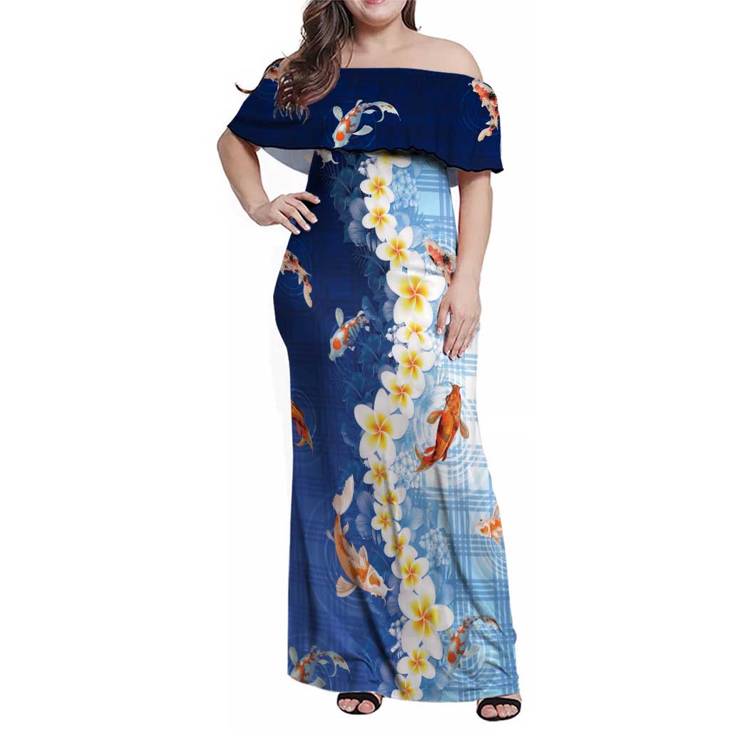 Hawaii And Japan Family Matching Off Shoulder Maxi Dress and Hawaiian Shirt Plumeria Lei With Koi Fish Blue LT05 Mom's Dress Blue - Polynesian Pride