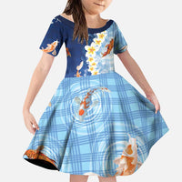 Hawaii And Japan Family Matching Off Shoulder Short Dress and Hawaiian Shirt Plumeria Lei With Koi Fish Blue LT05 Daughter's Dress Blue - Polynesian Pride