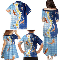 Hawaii And Japan Family Matching Puletasi and Hawaiian Shirt Plumeria Lei With Koi Fish Blue LT05 - Polynesian Pride