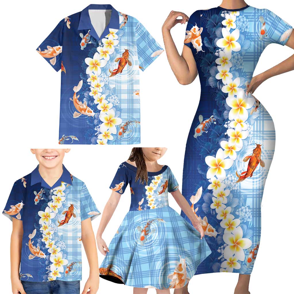 Hawaii And Japan Family Matching Short Sleeve Bodycon Dress and Hawaiian Shirt Plumeria Lei With Koi Fish Blue LT05 - Polynesian Pride