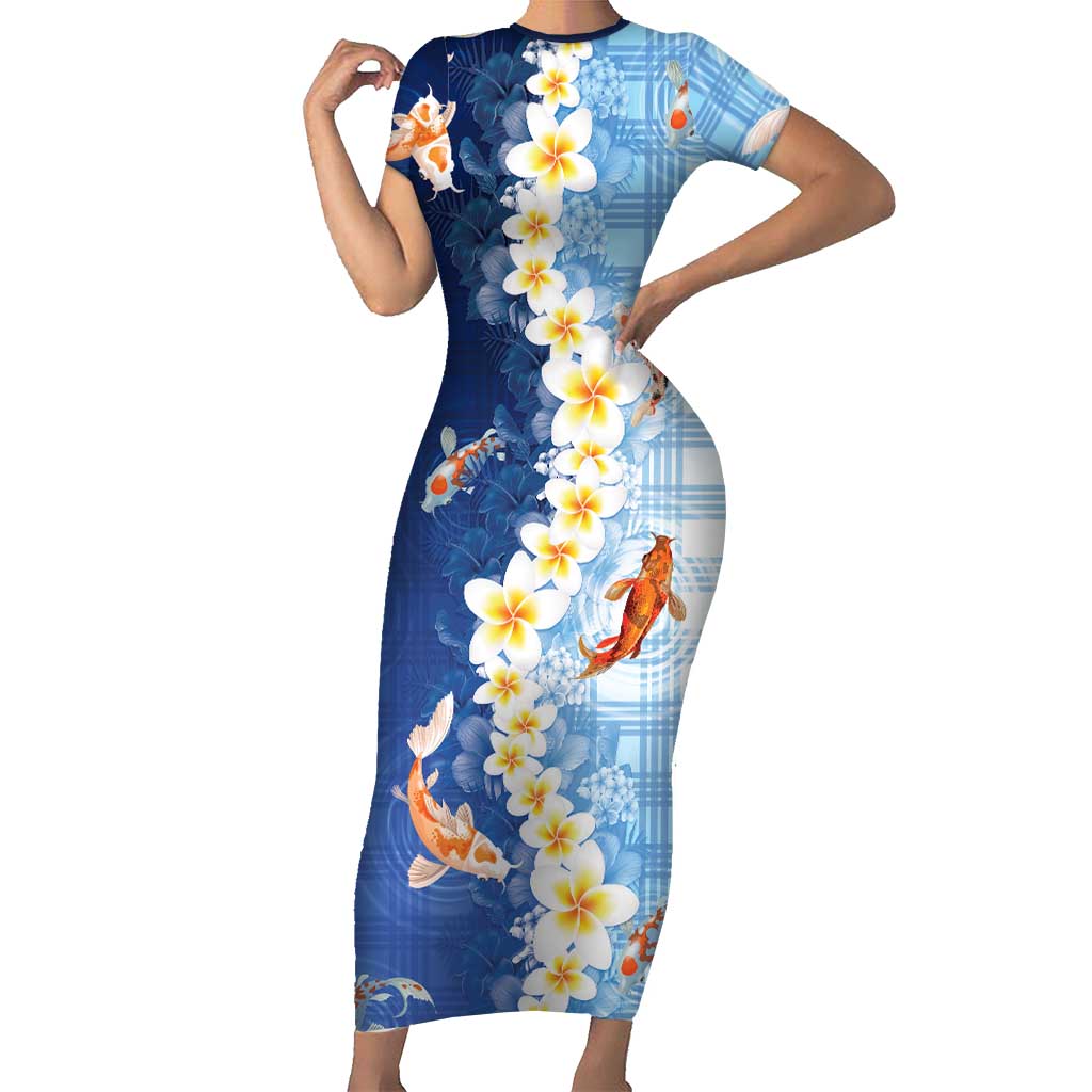 Hawaii And Japan Family Matching Short Sleeve Bodycon Dress and Hawaiian Shirt Plumeria Lei With Koi Fish Blue LT05 Mom's Dress Blue - Polynesian Pride