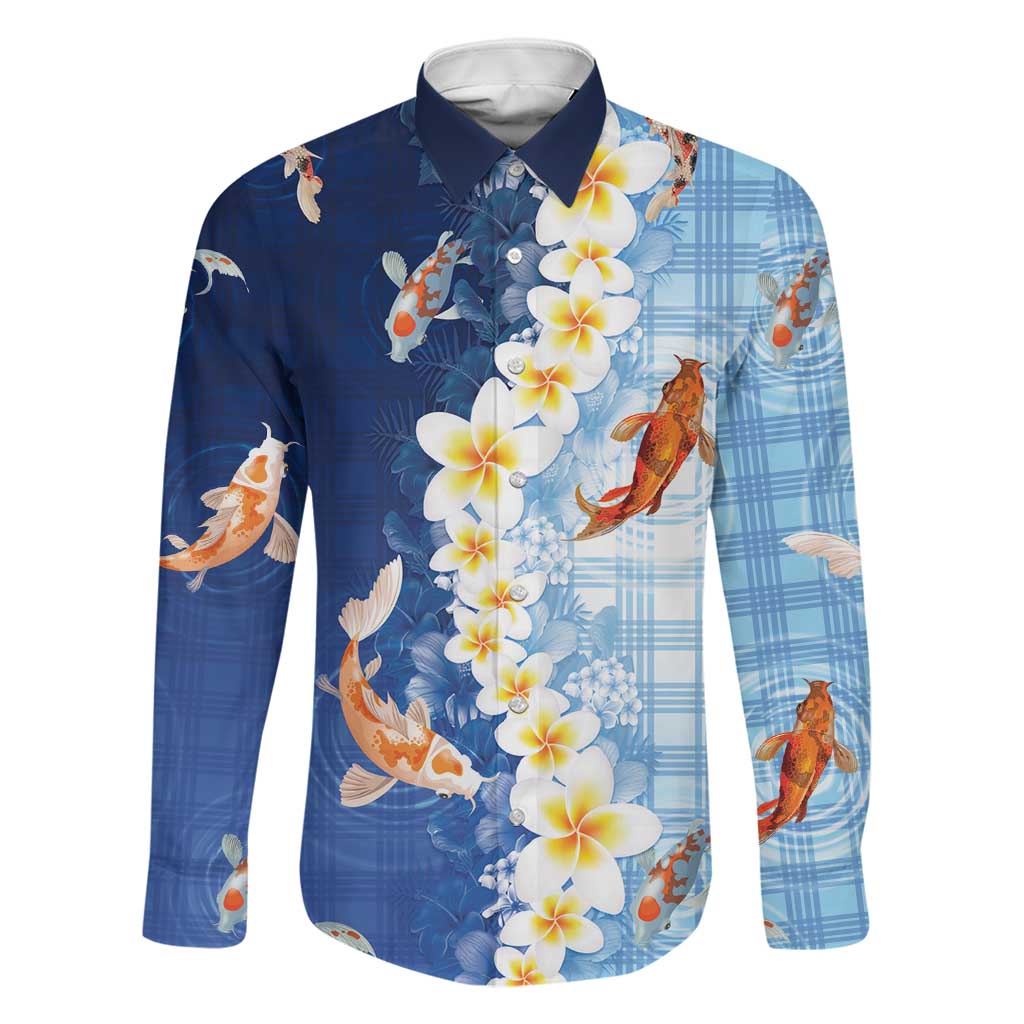 Hawaii And Japan Family Matching Summer Maxi Dress and Hawaiian Shirt Plumeria Lei With Koi Fish Blue LT05 Dad's Shirt - Long Sleeve Blue - Polynesian Pride