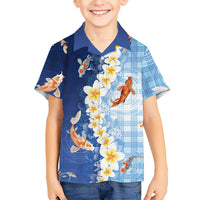 Hawaii And Japan Family Matching Tank Maxi Dress and Hawaiian Shirt Plumeria Lei With Koi Fish Blue LT05 Son's Shirt Blue - Polynesian Pride