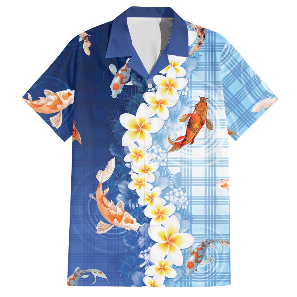 Hawaii And Japan Hawaiian Shirt Plumeria Lei With Koi Fish Blue - Polynesian Pride