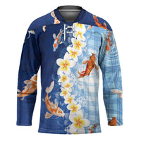 Hawaii And Japan Hockey Jersey Plumeria Lei With Koi Fish Blue LT05 Unisex Blue - Polynesian Pride