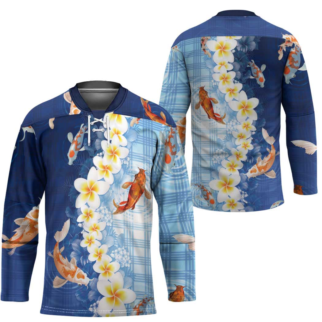 Hawaii And Japan Hockey Jersey Plumeria Lei With Koi Fish Blue LT05 - Polynesian Pride